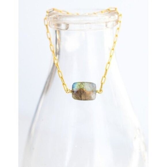 Beautiful Labradorite Gemstone Faceted Bracelet Gold Paperclip Chain Bracelet - Picture 3 of 6
